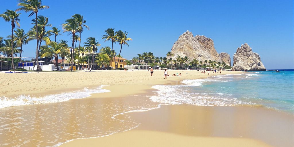 Cabo San Lucas beach with palm trees and turquoise water.