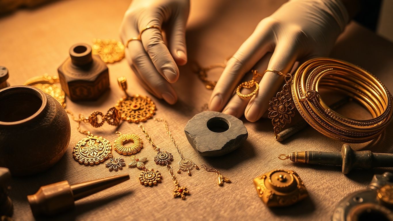 戴着手套的手整理金饰、历史图案、中性背景。