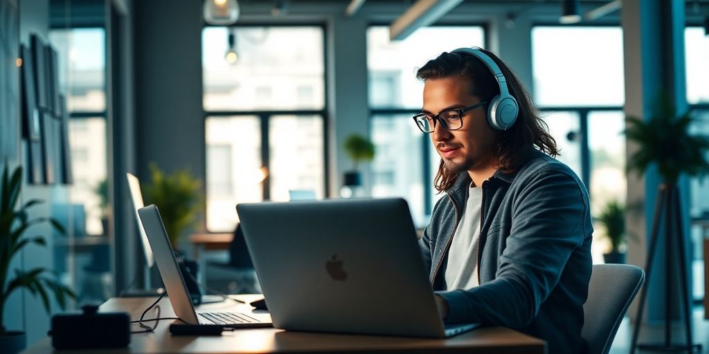 Young entrepreneur in a vibrant office setting with laptop.