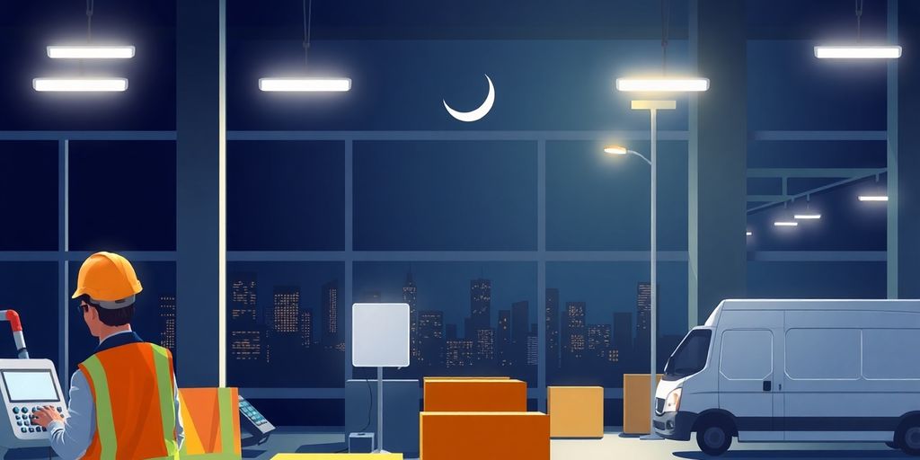 Night shift factory worker adjusting machinery under moonlit city skyline.