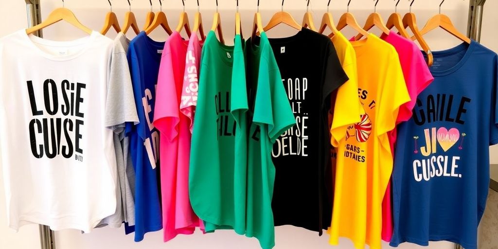 Colorful plus-size graphic tees on display in a shop.