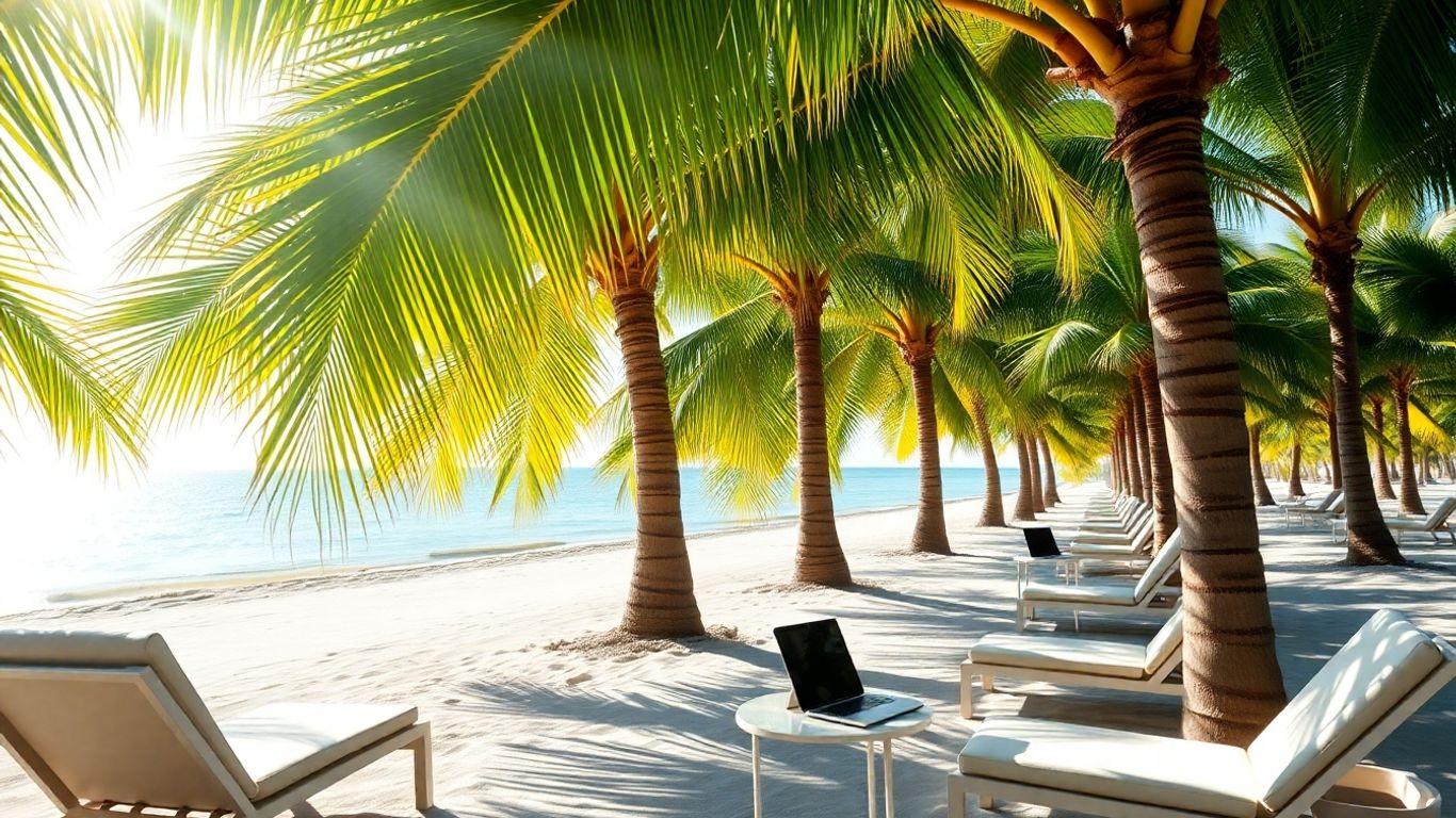 Realistic palm trees by workspace with colorful tropical atmosphere