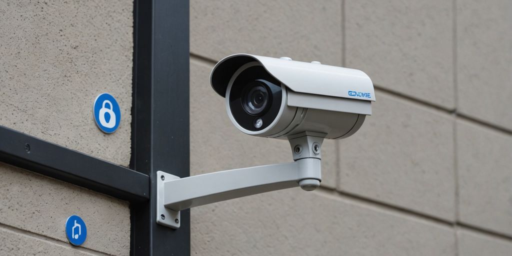 CCTV camera with digital lock icon overlay