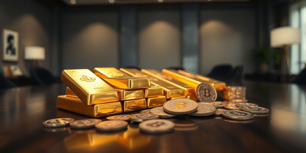 Lingots d'or et puces de crypto-monnaie sur une table.