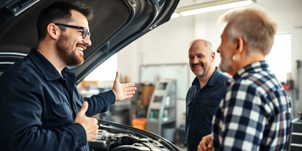 Mechanic discussing car repair with a customer.