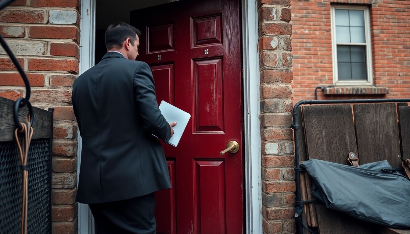 Process server knocking on a door in a poor area.