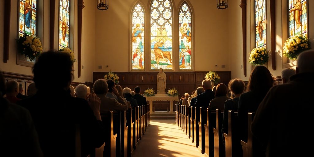 Silhouetted worshippers in a decorated church for Easter.