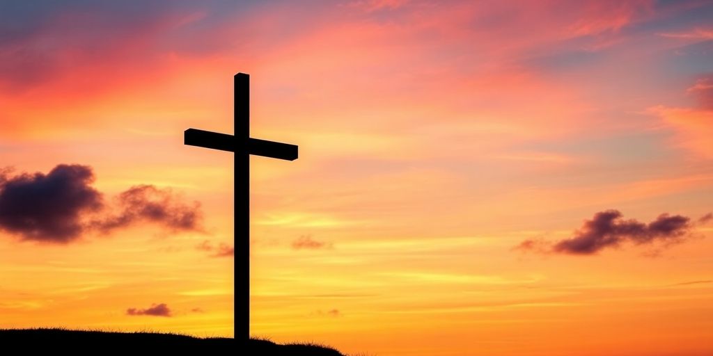 Silhouette of a cross against a colorful sunset sky.