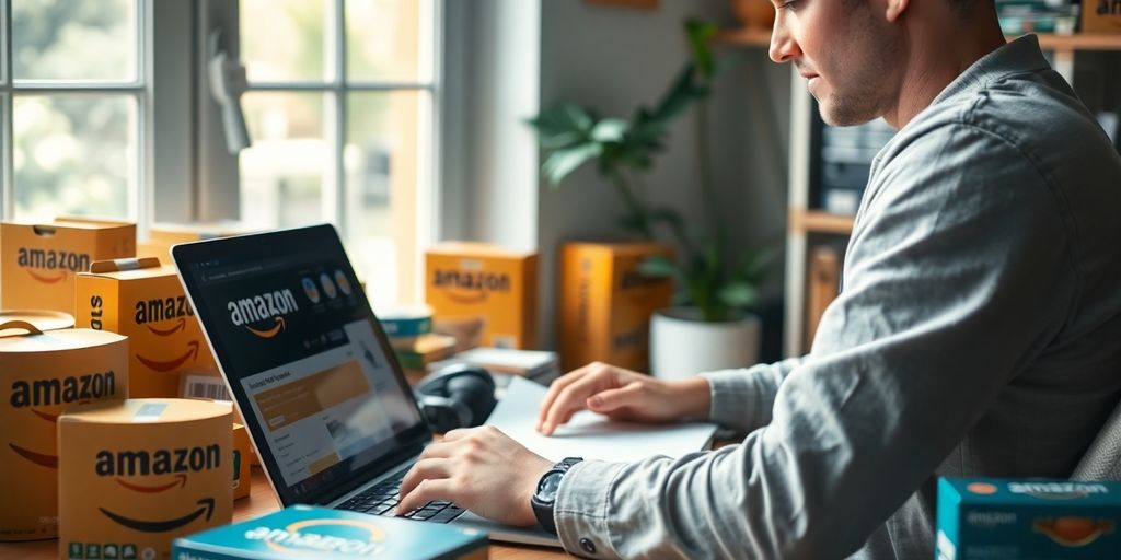Person analyzing products on a laptop in a workspace.