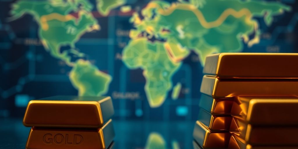 Des lingots d'or brillants sur fond de carte du monde.