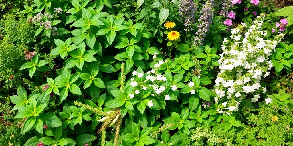 Schattenpflanzen mit üppigem Blattwerk und zarten Blüten.