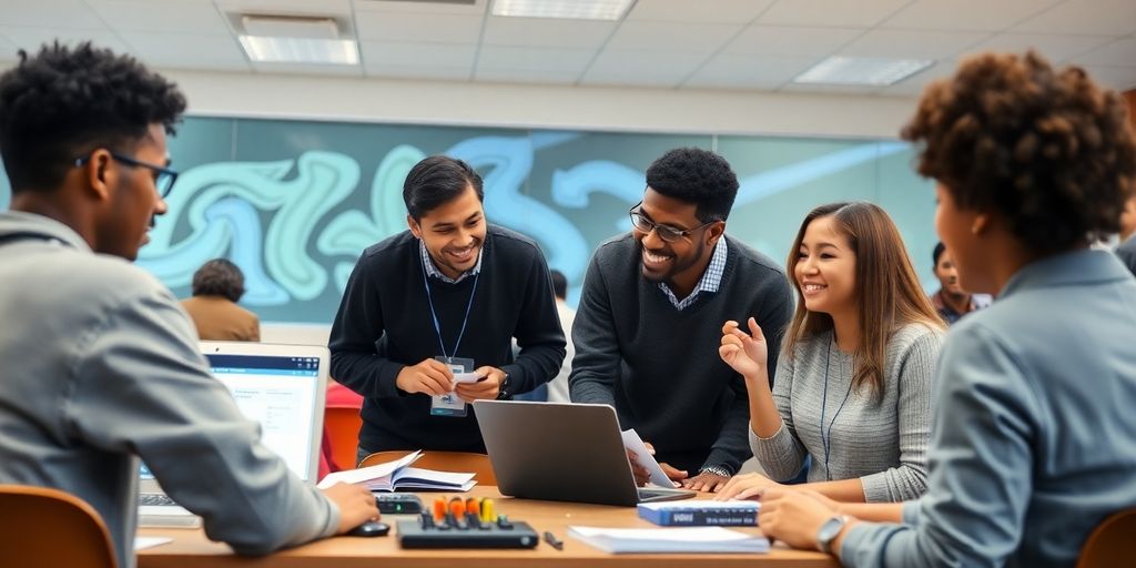 Harvard students collaborating in a modern, innovative classroom.