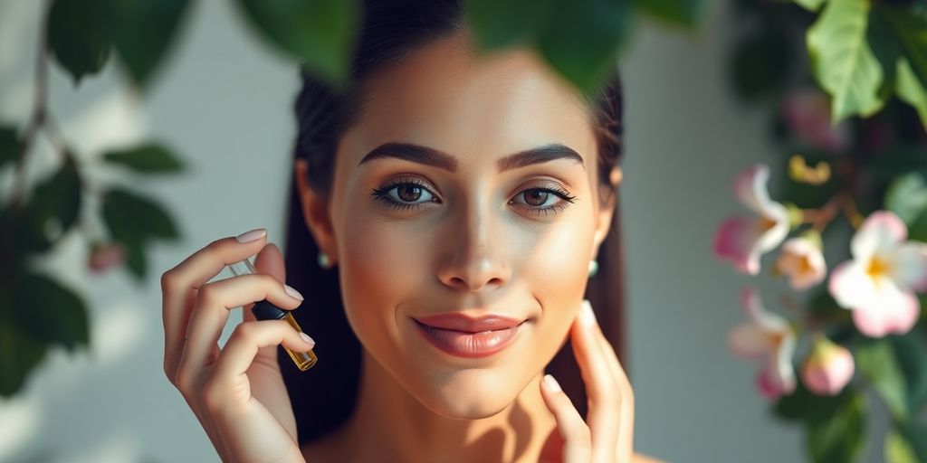 Woman applying natural skin serum for healthy glow.