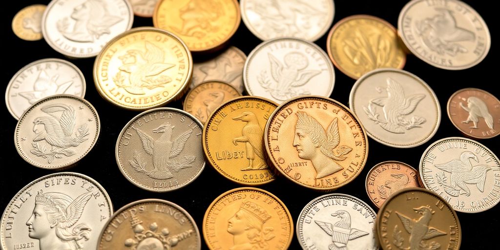 Collection of coins on dark velvet background.