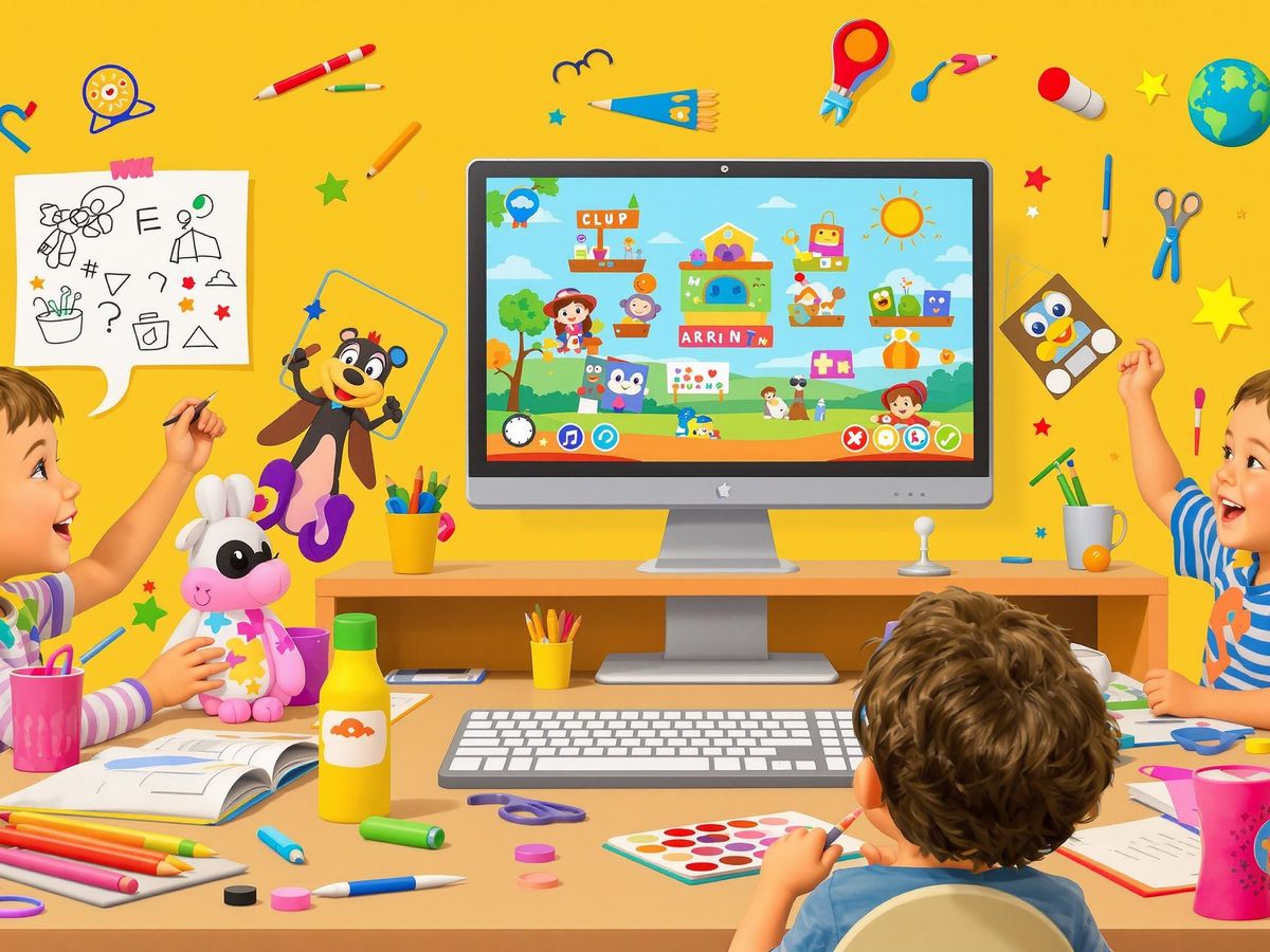 Copii jucându-se și creând online, dezvoltându-și imaginația.