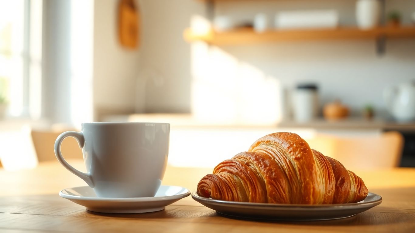 Coffee and croissant on table with morning sunlight