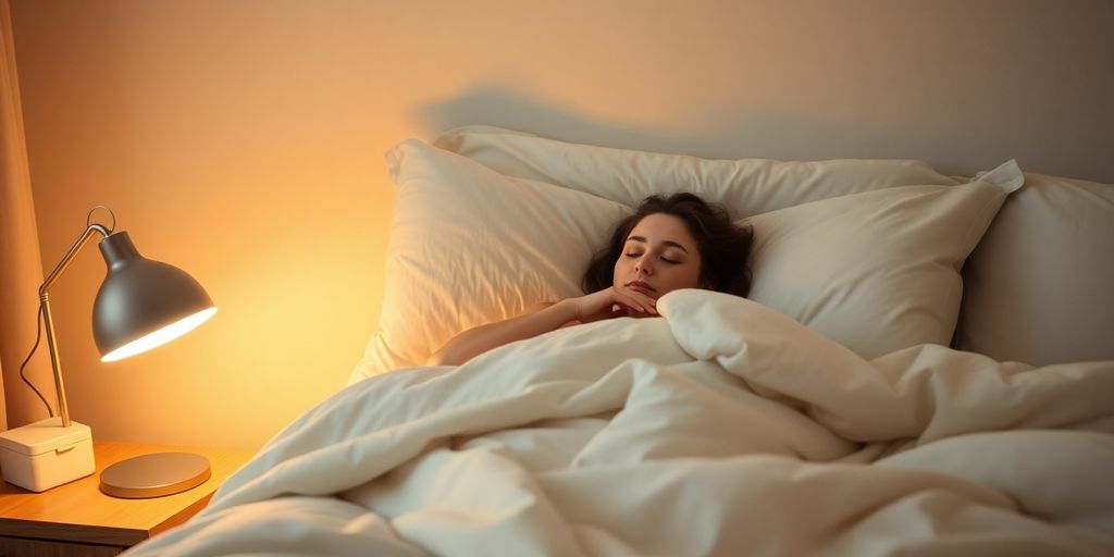 Peaceful bedroom, soft lighting, cozy bed, sleeping person.