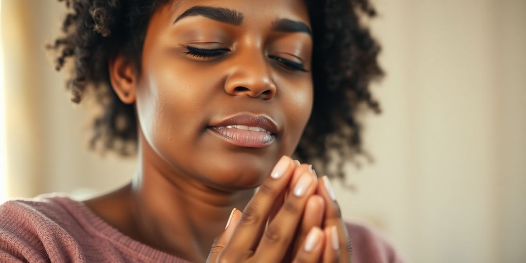 Mom praying peacefully as morning light fills room.