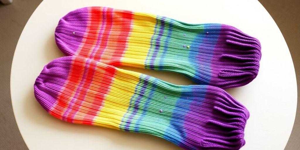 Colorful hand-dyed socks drying on a blocking board.