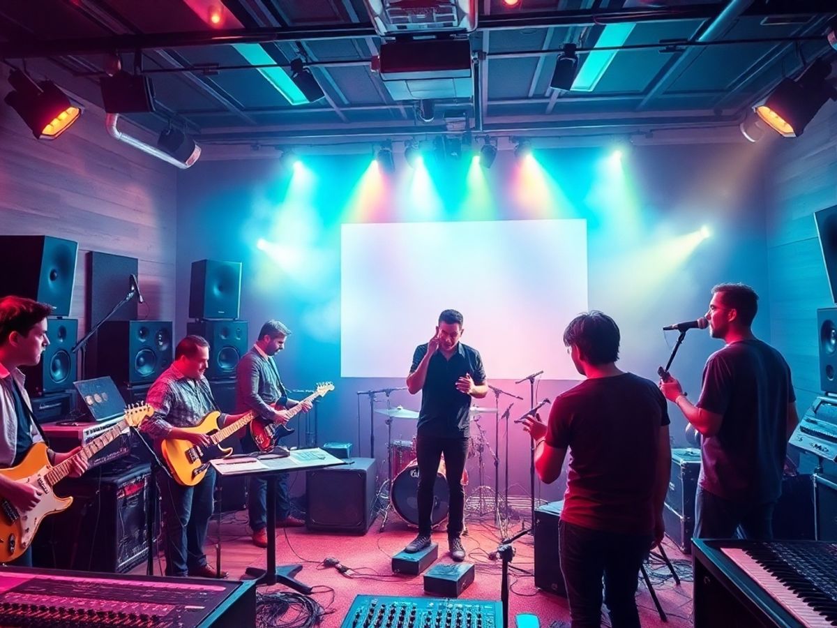 Musicians collaborating in a lively music studio setting.