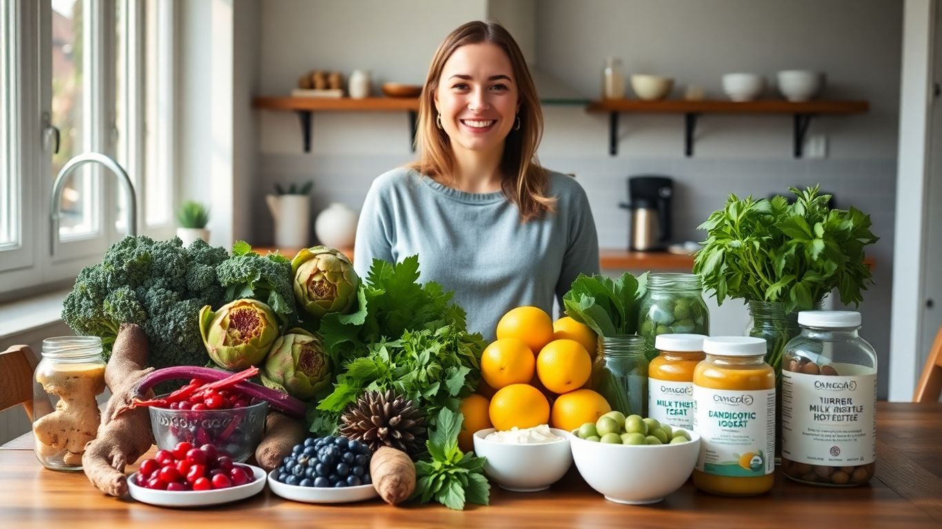 Woman in sunlit kitchen with detox foods and natural supplements.