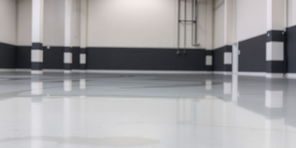 Glossy industrial epoxy floor coating in an industrial space.