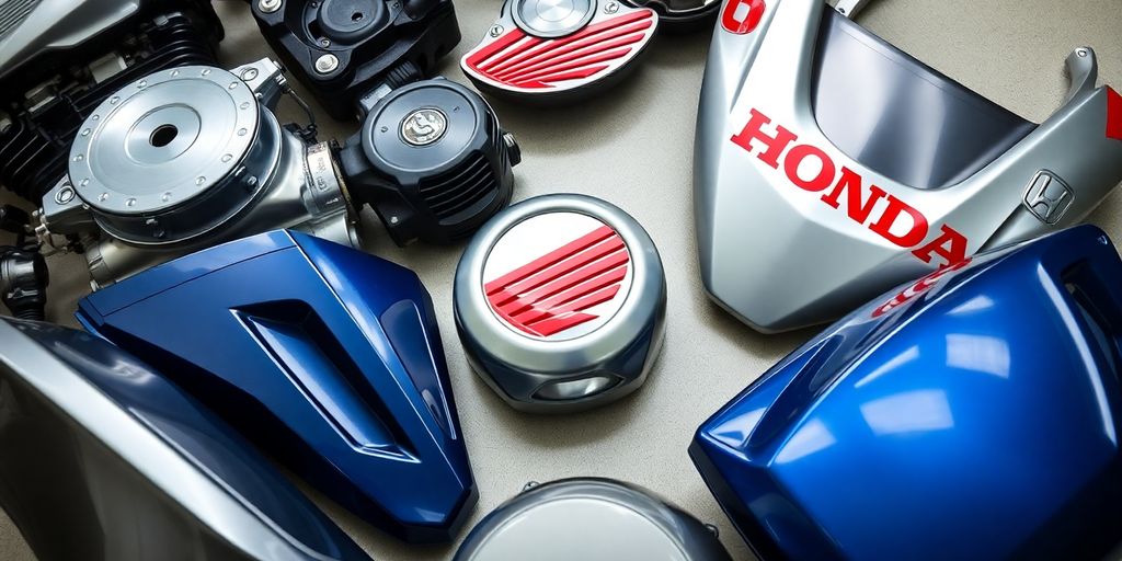 Close-up of shiny chrome Honda car parts.