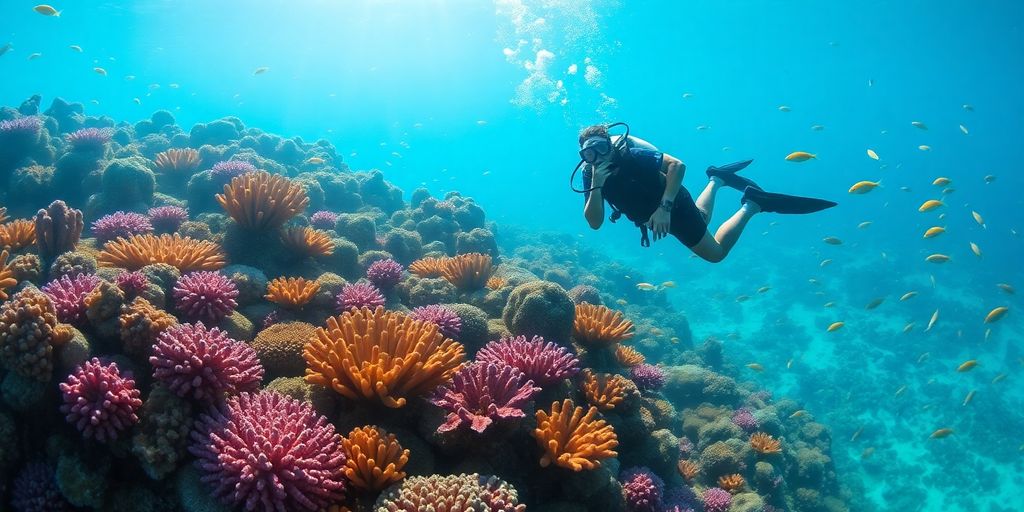 Vibrant coral reef teeming with diverse marine life in Rangiroa.