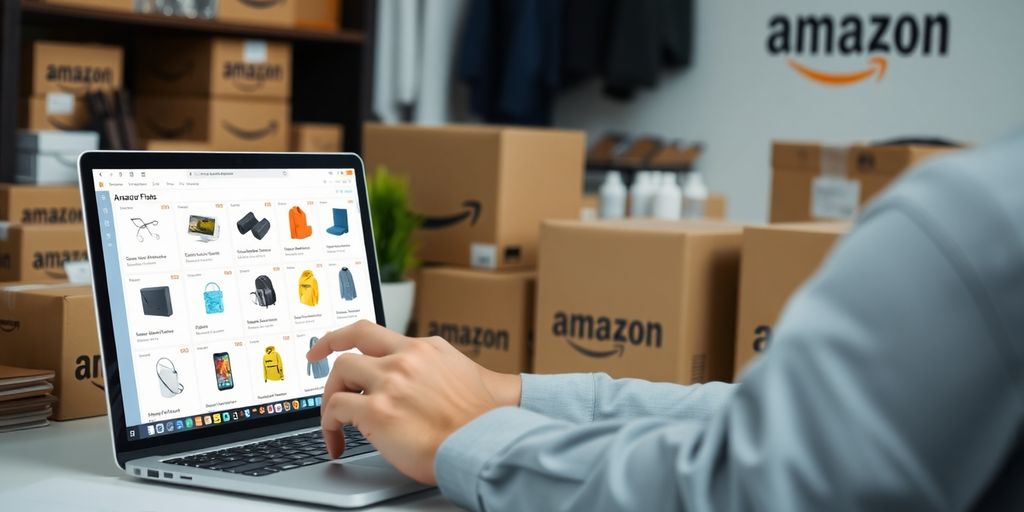Person analyzing products on a laptop amidst Amazon packages.
