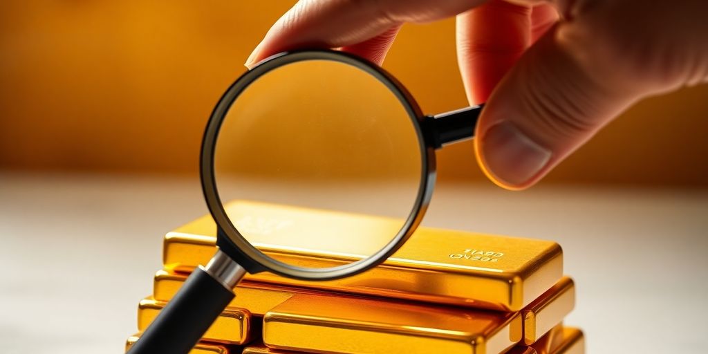 Main tenant une loupe sur des lingots d'or