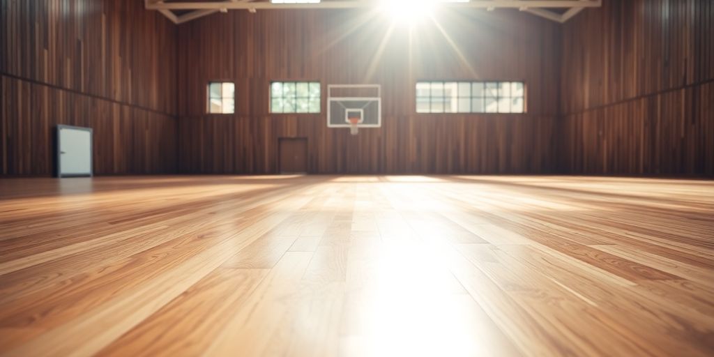 Polished wooden sports hall floor, sunlit.
