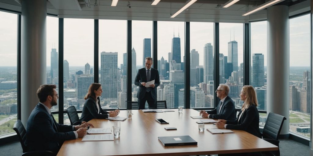 Business meeting with Chicago skyline view