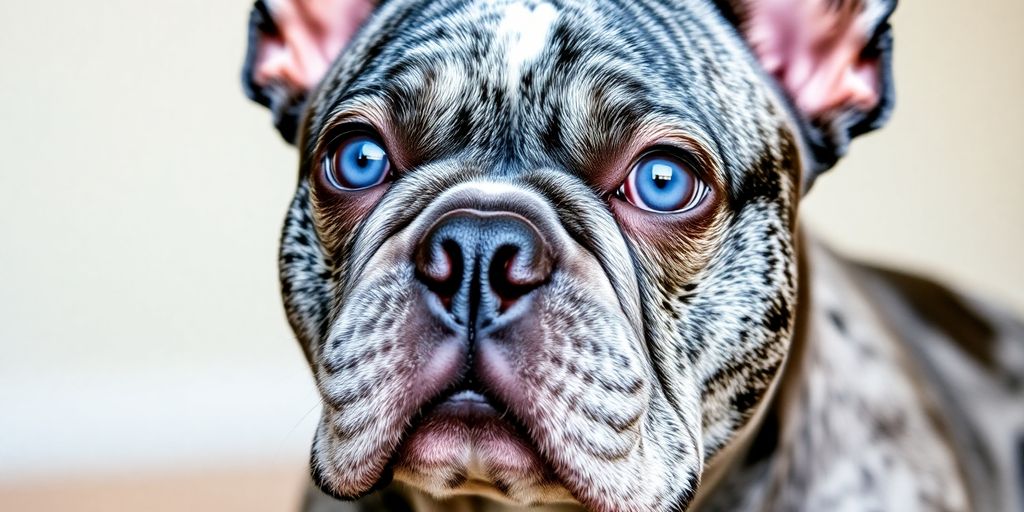 Merle French bulldog with blue eyes and mottled coat.