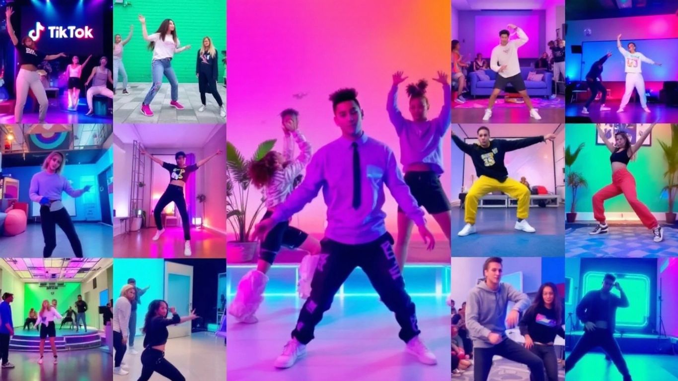 Dynamic TikTok dancers in colorful backgrounds.