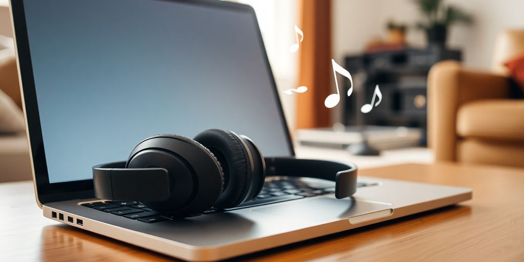Headphones on laptop, music notes floating.