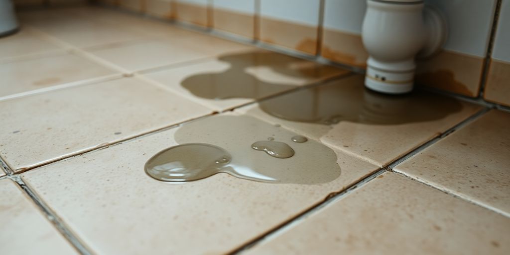 Water droplets on bathroom floor near pipe.