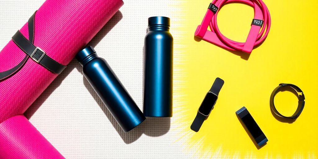 Flat lay of fitness gifts including a yoga mat.