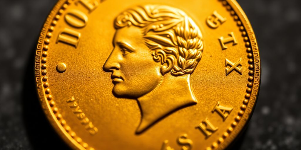Pièce de monnaie Napoléon en or, détail riche.