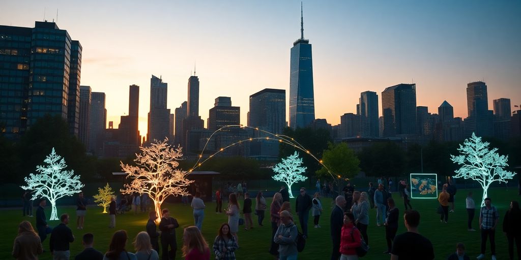 NYC skyline, smart tech, community, green spaces.