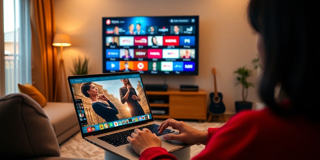 Persona utilizando IPTV en una sala moderna.