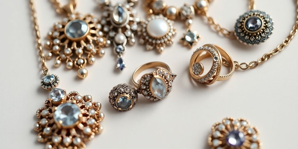 Close-up of vintage jewellery including rings and necklaces.