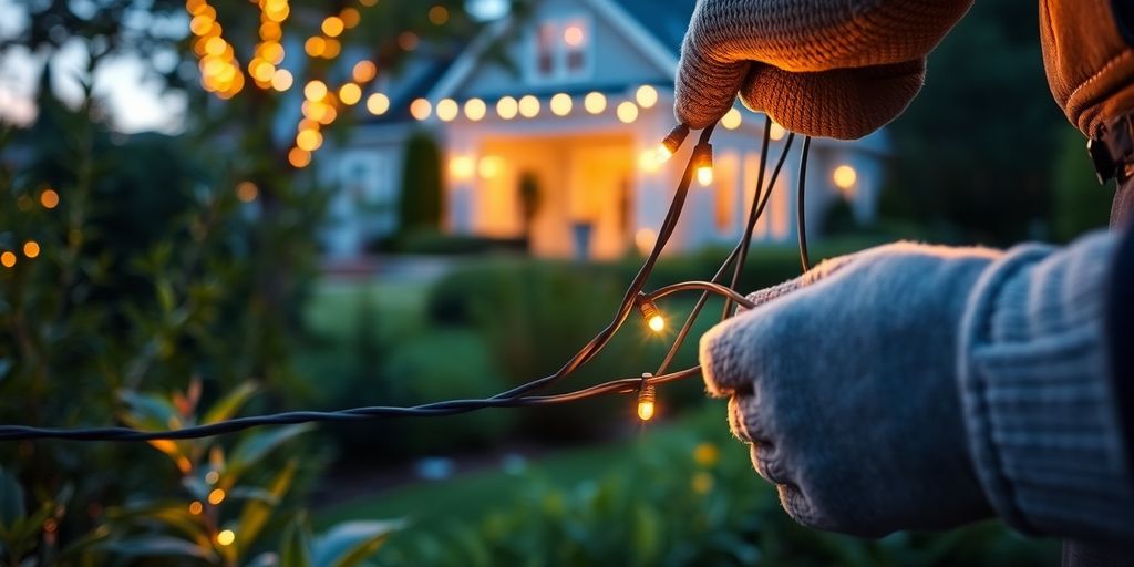 Electrician installing outdoor lights near Austin home.