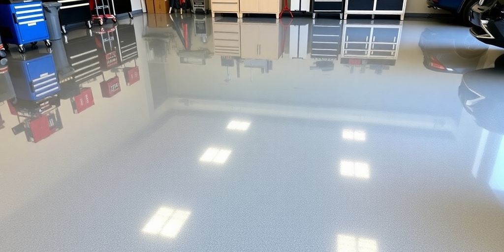 Polished epoxy floor in a stylish garage setting.