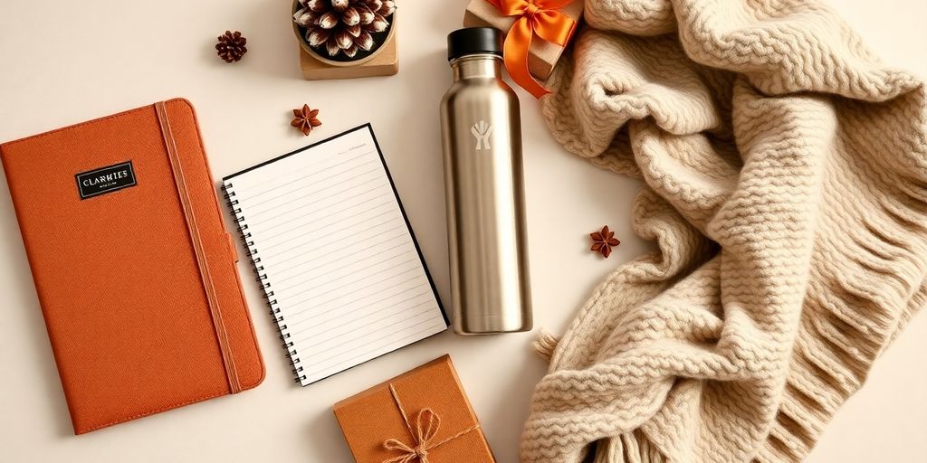 Flat lay of practical gifts for friends and loved ones.