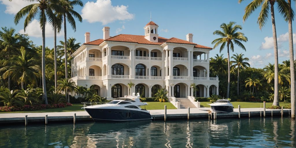 Luxurious waterfront mansion in Florida with yacht and palm trees.