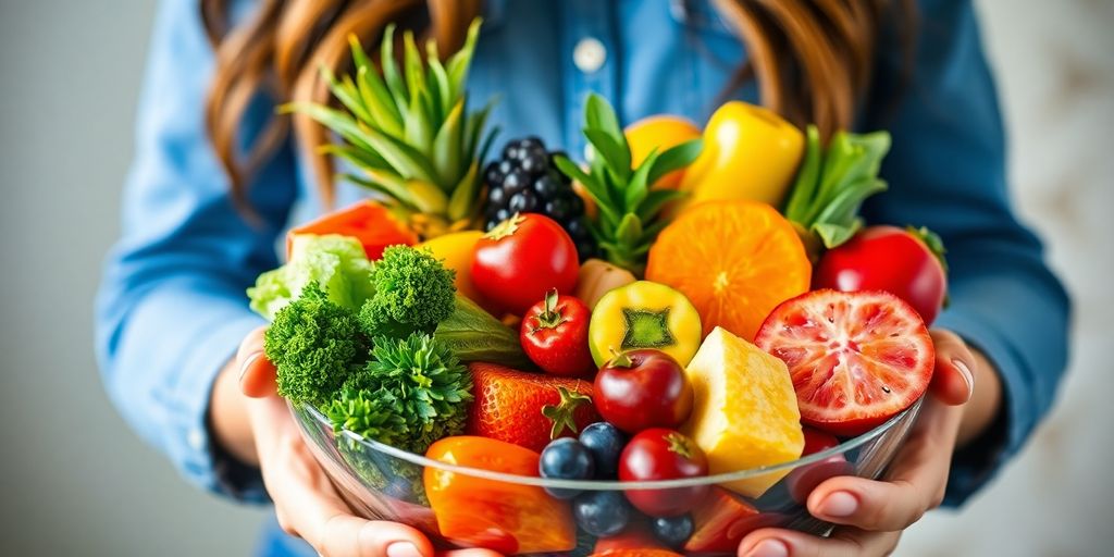 Person smiling, holding a colorful bowl of fresh fruits and vegetables.