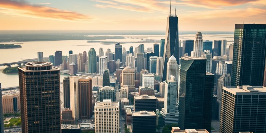 Chicago skyline with office buildings and Lake Michigan.