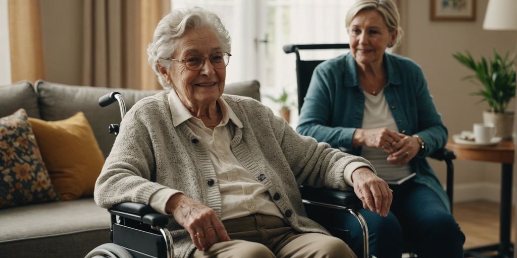 Elderly person in a modern wheelchair with a caregiver in a cozy living room, highlighting comfort and safety.