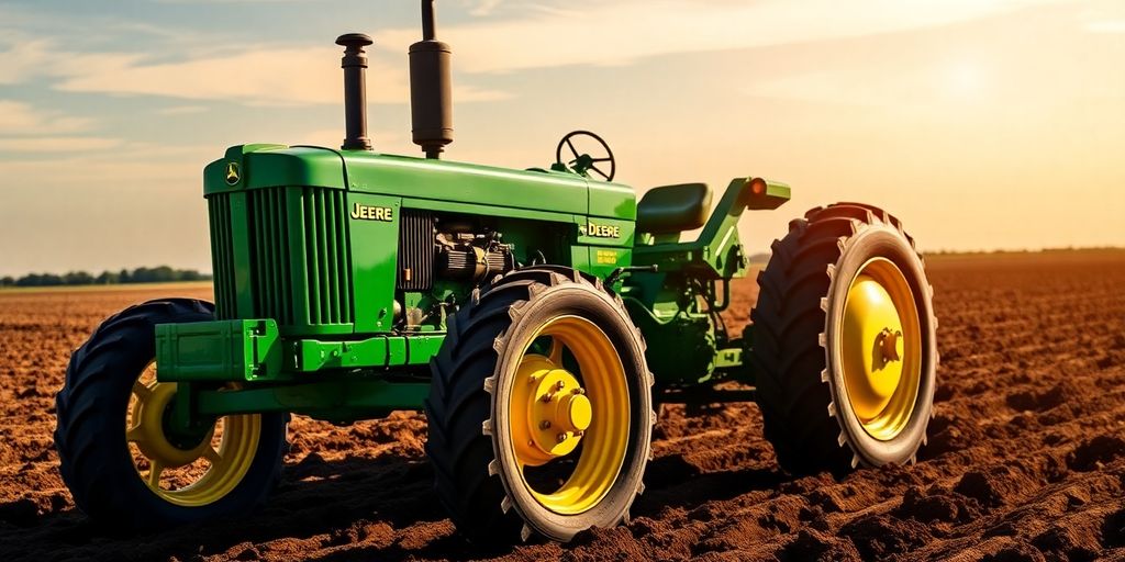 John Deere tractor cultivating a field.