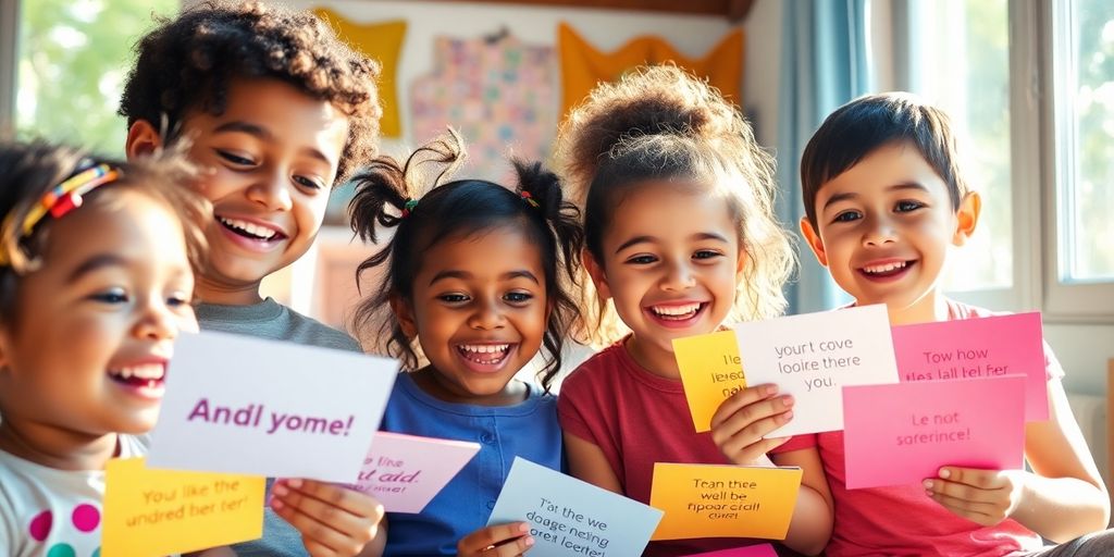 Children smiling, holding colorful affirmation cards.